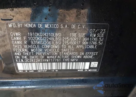 2024 Honda Hr-V Awd Lx z USA, uszkodzony, nr VIN 3CZRZ2H3XRM717761